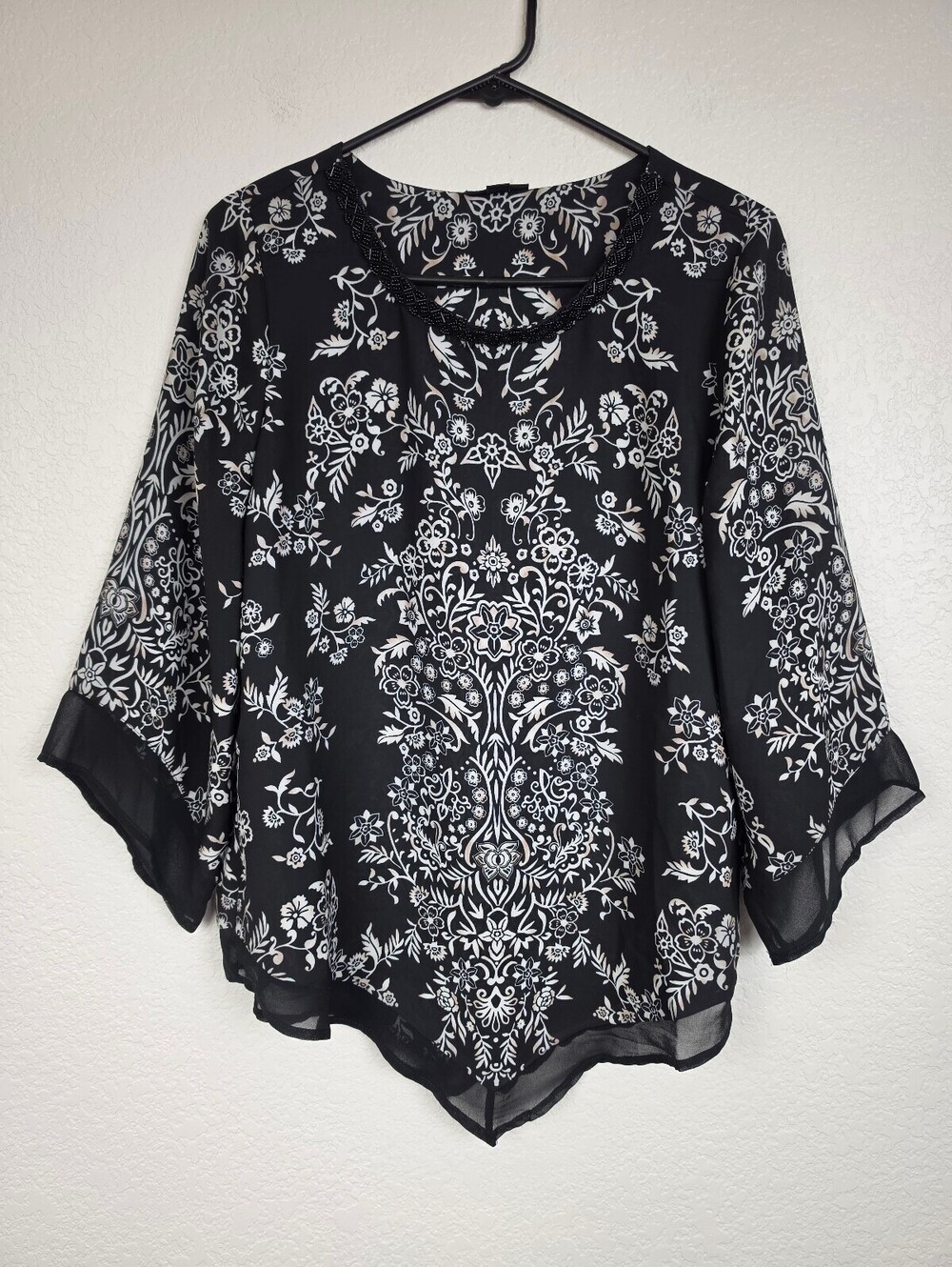 roz & ali Black Floral Print Beaded Neck Blouse Small Y2K